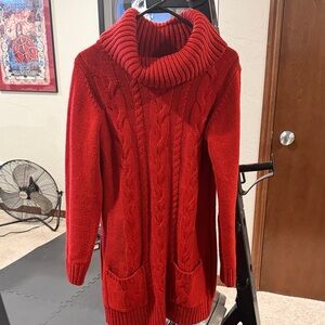 Cable-Knit Red Cowl Neck Sweater with Pockets